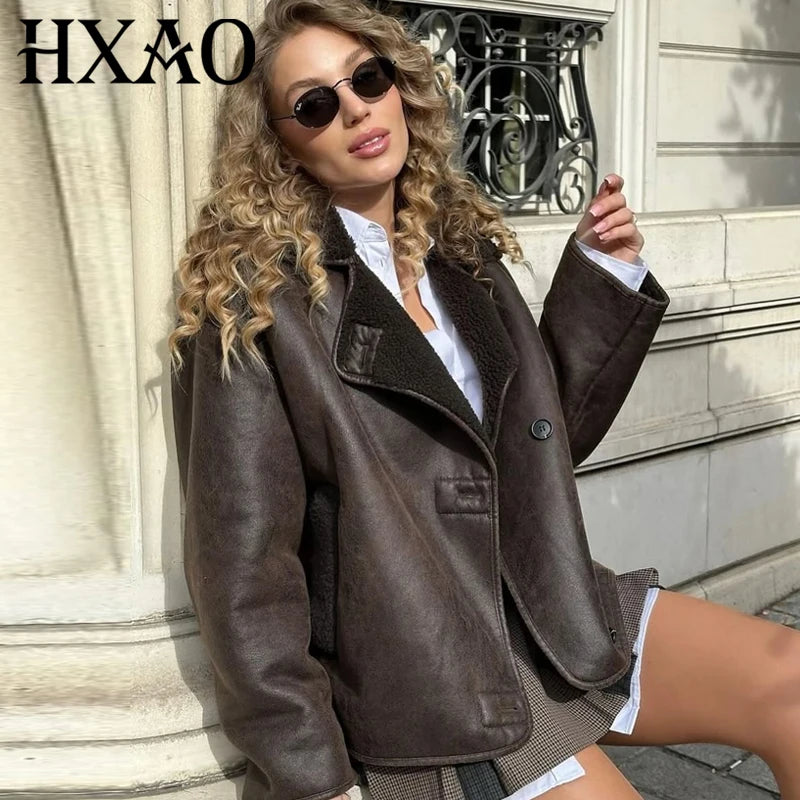 HXAO Women's Jackets Winter Coat Female Leather Faux Fur Coat Button Crop Outerwears Windbreak Waterproof Brown Long Sleeve Tops