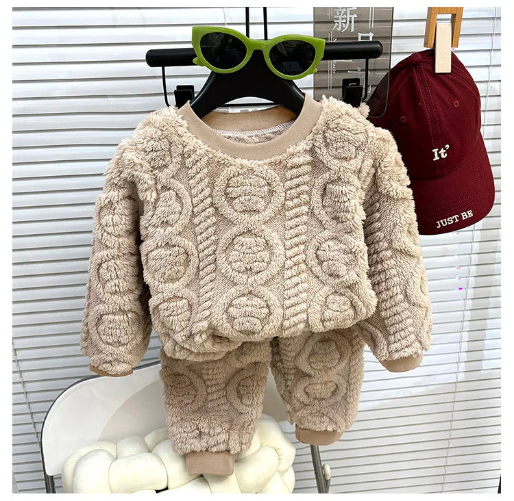 1Set Kids Warm Clothing Sets Winter Flannel Homewear Sets Children's Thermal Pajamas Boys Girls Thick Coral Velvet Two-piece Set