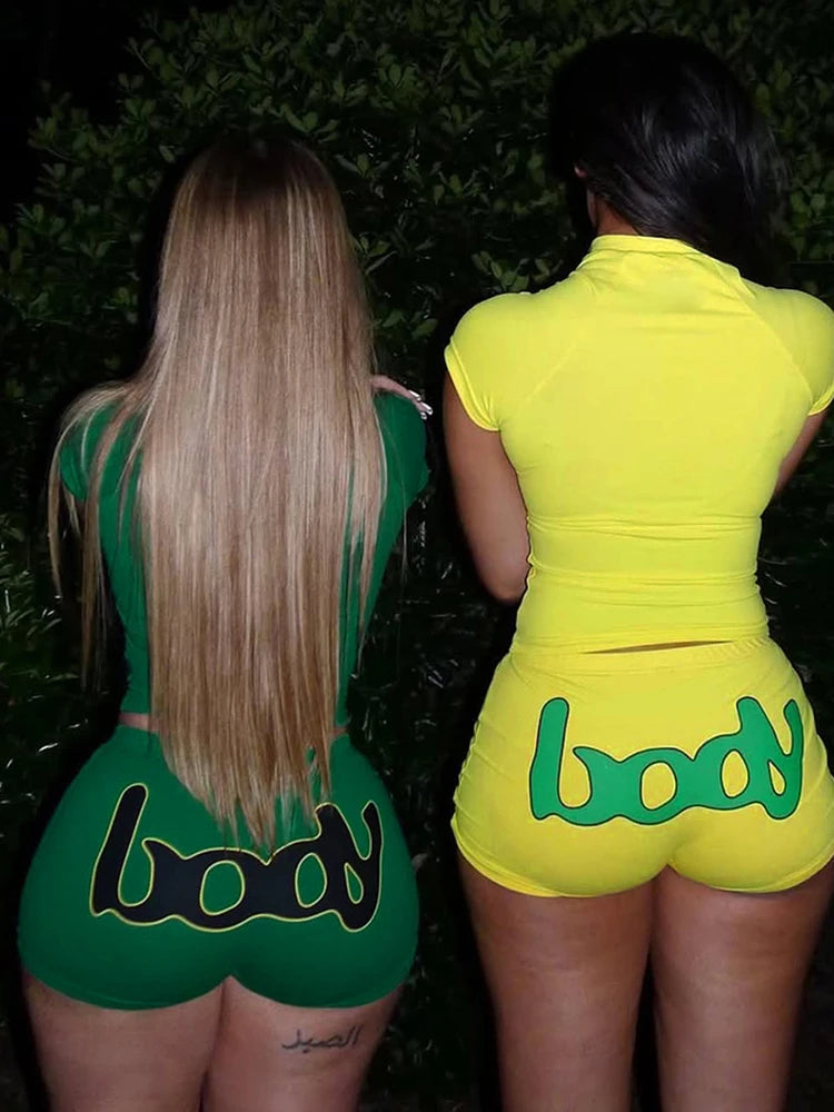 Weird Puss Letter Print Women2 Piece Set Casual Sporty Zip Crop Tops+Shorts Matching Streetwear Stretch Skinny Streetwear Suits