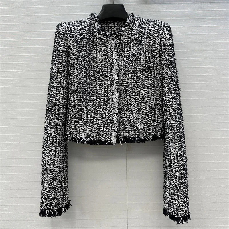 Women's jacket New winter 2025 shoulder padded slim fit long sleeved top Cotton blend women's coat tweed short jacket outerwears