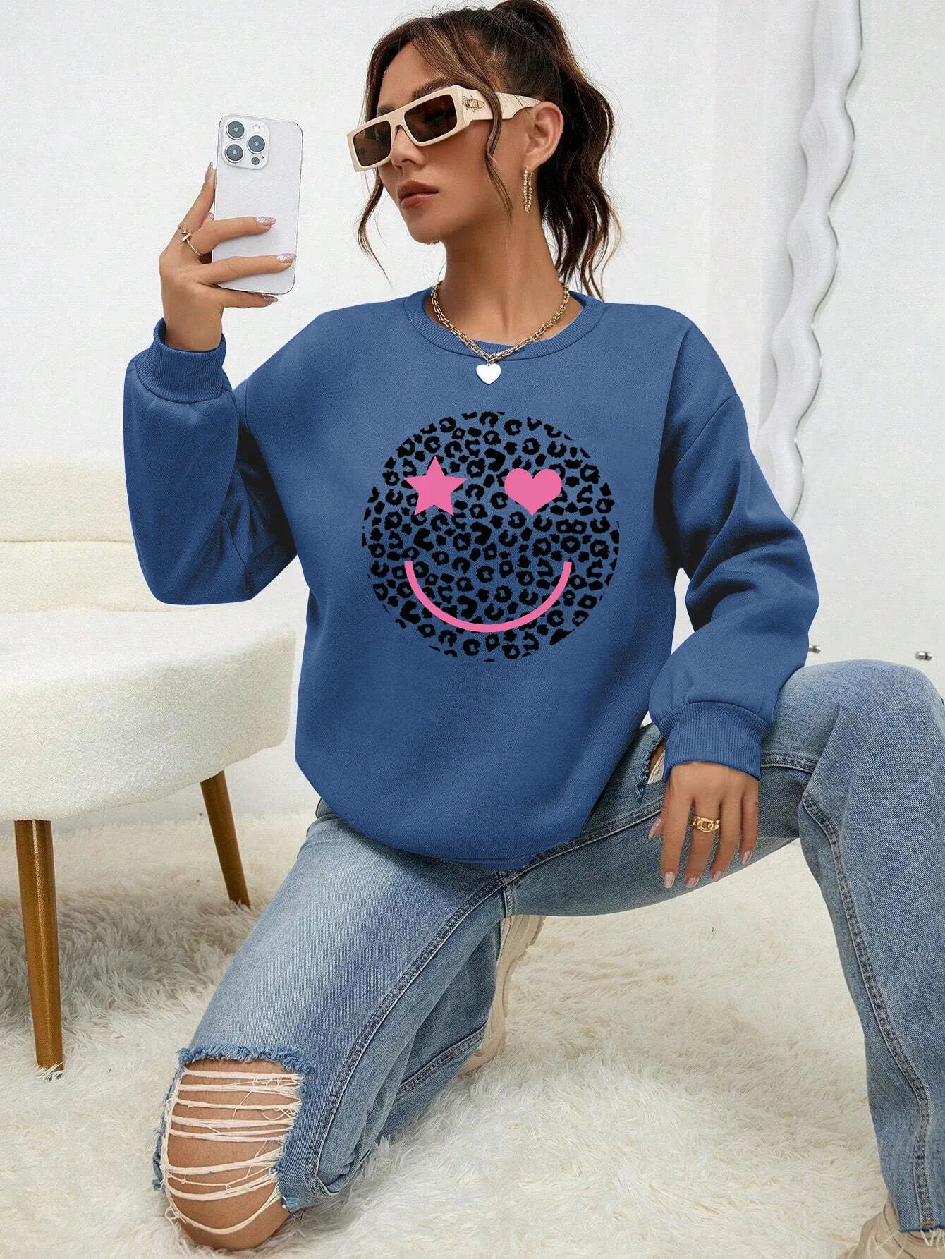 Leopard Print Happy Face Love  Printed Sweatshirt Womens Autumn Soft Hoody Fleece Warm Hoodies Street All-Match Female Pullover