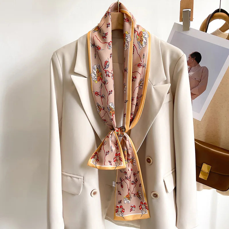 50 Color New Women Silk Feel Printed Design Scarf Shawl Fashion Luxury Long Narrow Small Silk Scarves Ladies Headband Headscarve
