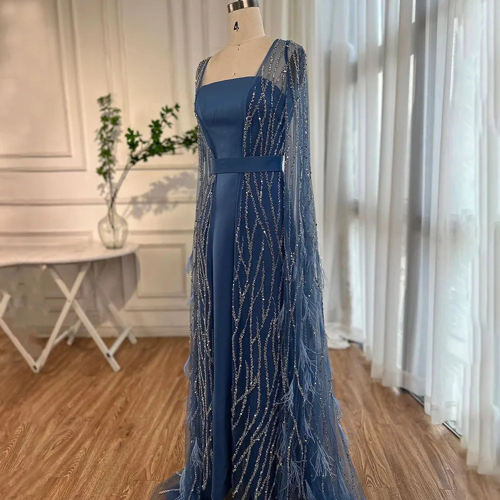 Serene Hill Blue Mermaid Elegant Feathers Cape Sleeves Square Beaded Luxury Evening Dresses Gowns Customized 2025 GLA71748