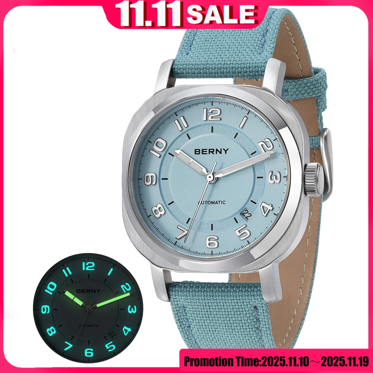 BERNY Mechanical Watch for Women Self-wind Pillow Cushion Sapphire Super Luminous Wristwatch Canvas Calendar Watch for Ladies