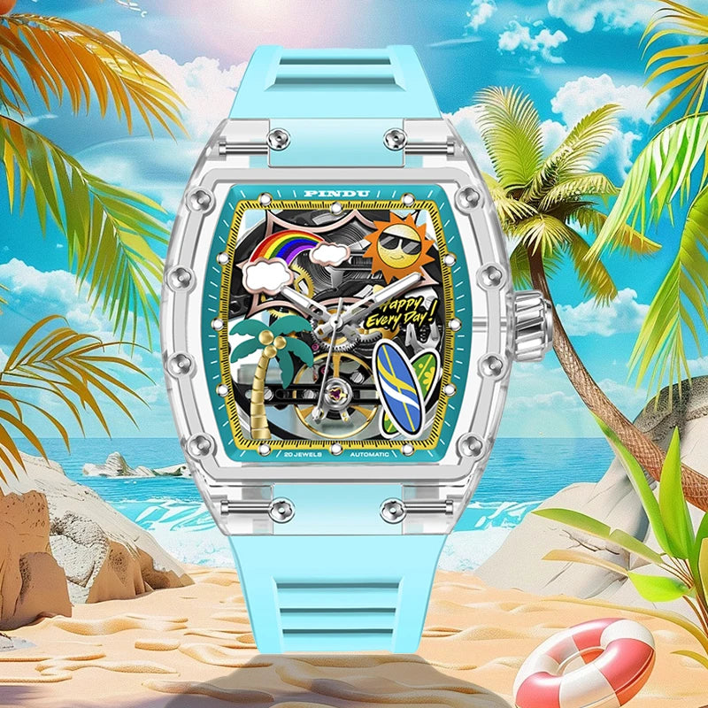 New PINDU Watch Unique Dial Design Style Men Mechanical Watch Summer Beach Fashion Watch Glowing Waterproof Resin silicone strap