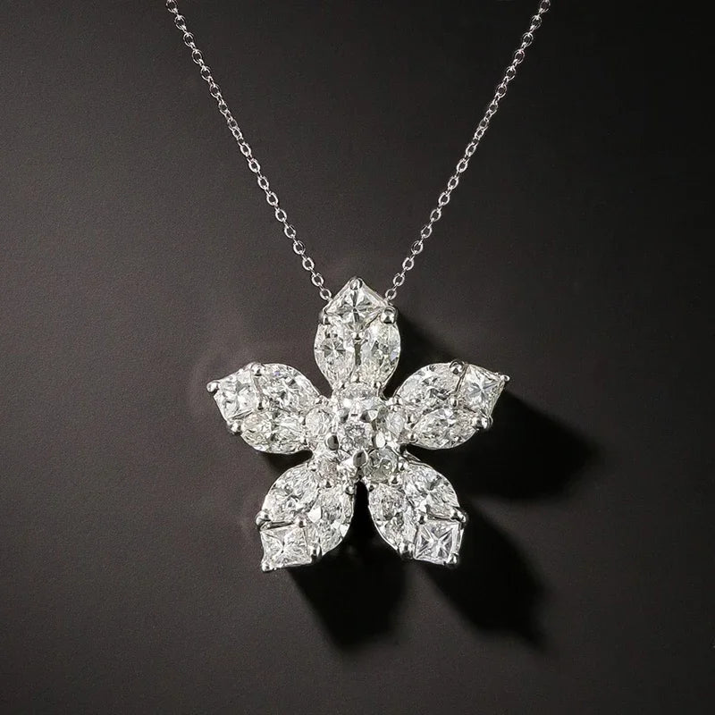 CAOSHI Exquisite Silver Color Flower Shaped Pendant Necklace with Bright Cubic Zirconia Elegant Daily Wearable Neck Accessories