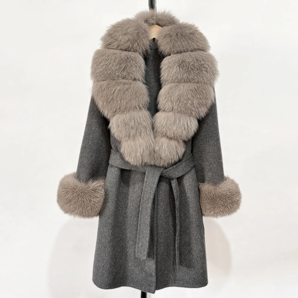 Elegant Woolen Jacket Autumn Winter Wool Coat Women Real Fox Fur Collar Single Breasted Wool Blends Jacket Natural Raccoon Fur