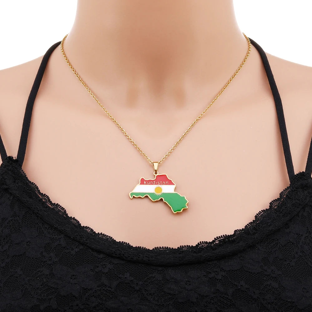 Kurdistan Map Flag Pendant Necklace Stainless Steel Gold Silver Color Men Women Country Map Jewelry Gift