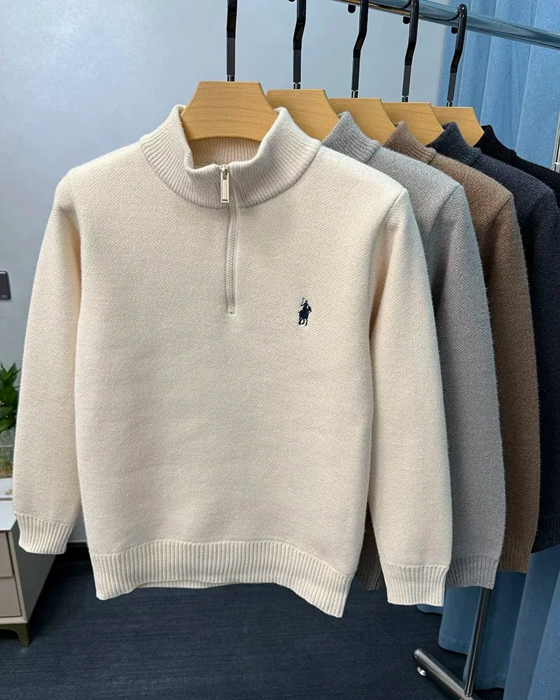High end half zipper stand up collar knitted sweater men winter new thick warmth fashion designer brand pony embroidery pullover