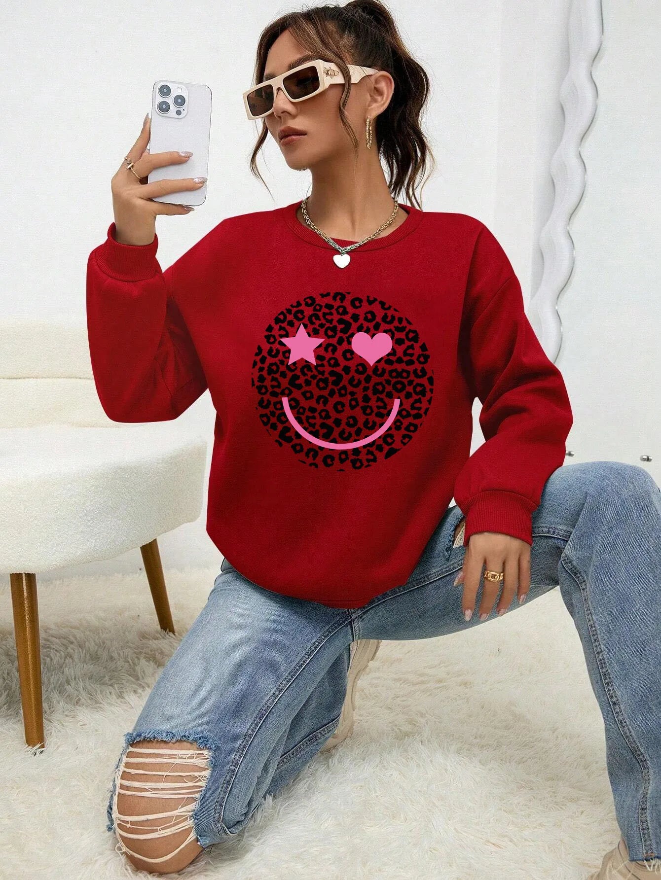 Leopard Print Happy Face Love  Printed Sweatshirt Womens Autumn Soft Hoody Fleece Warm Hoodies Street All-Match Female Pullover