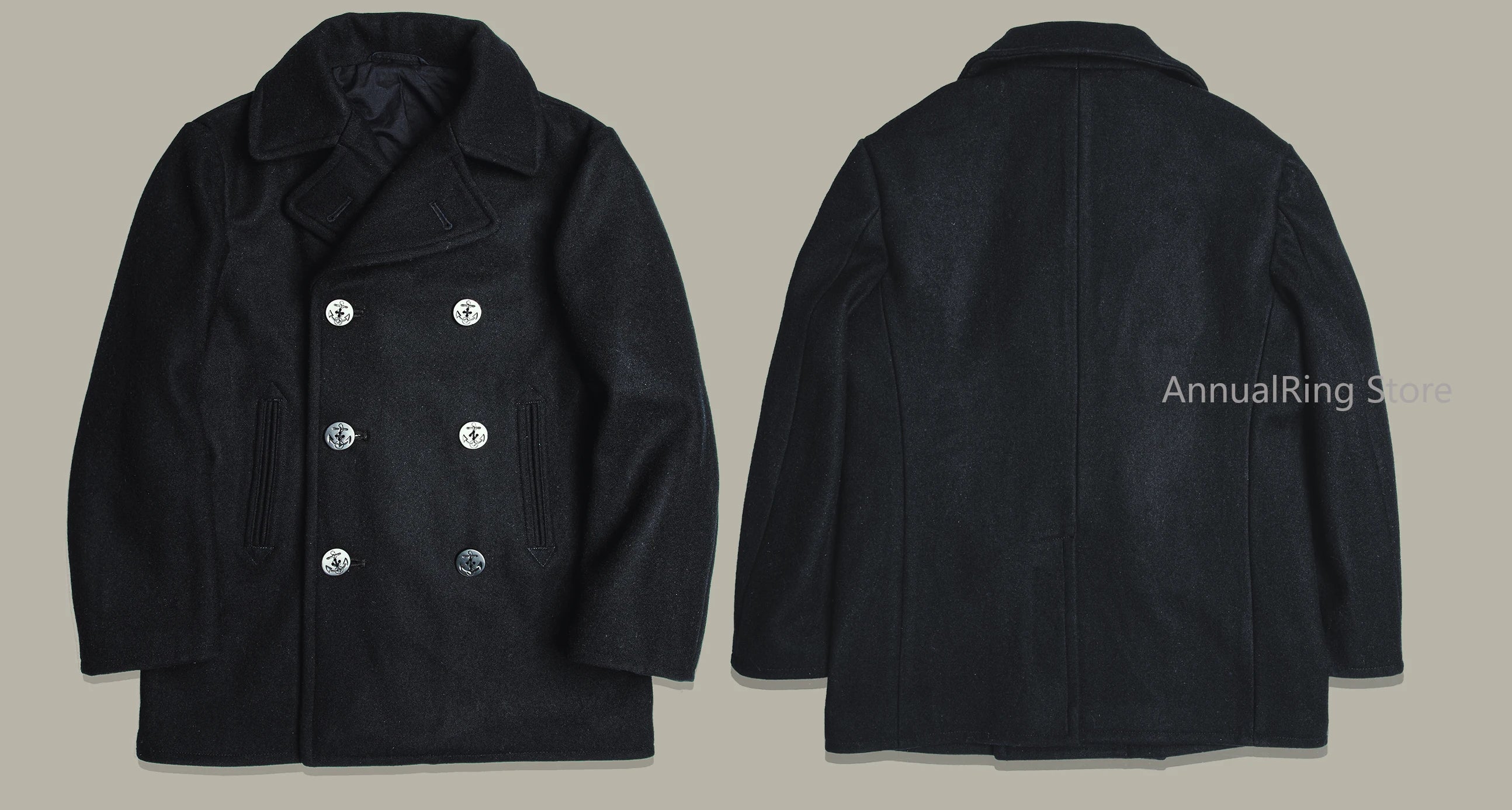 Red Tornado 740 Peacoat in Black Vintage Double-Breasted Mid-Length Wool Blend Overcoat for Men Warm Winter Jacket