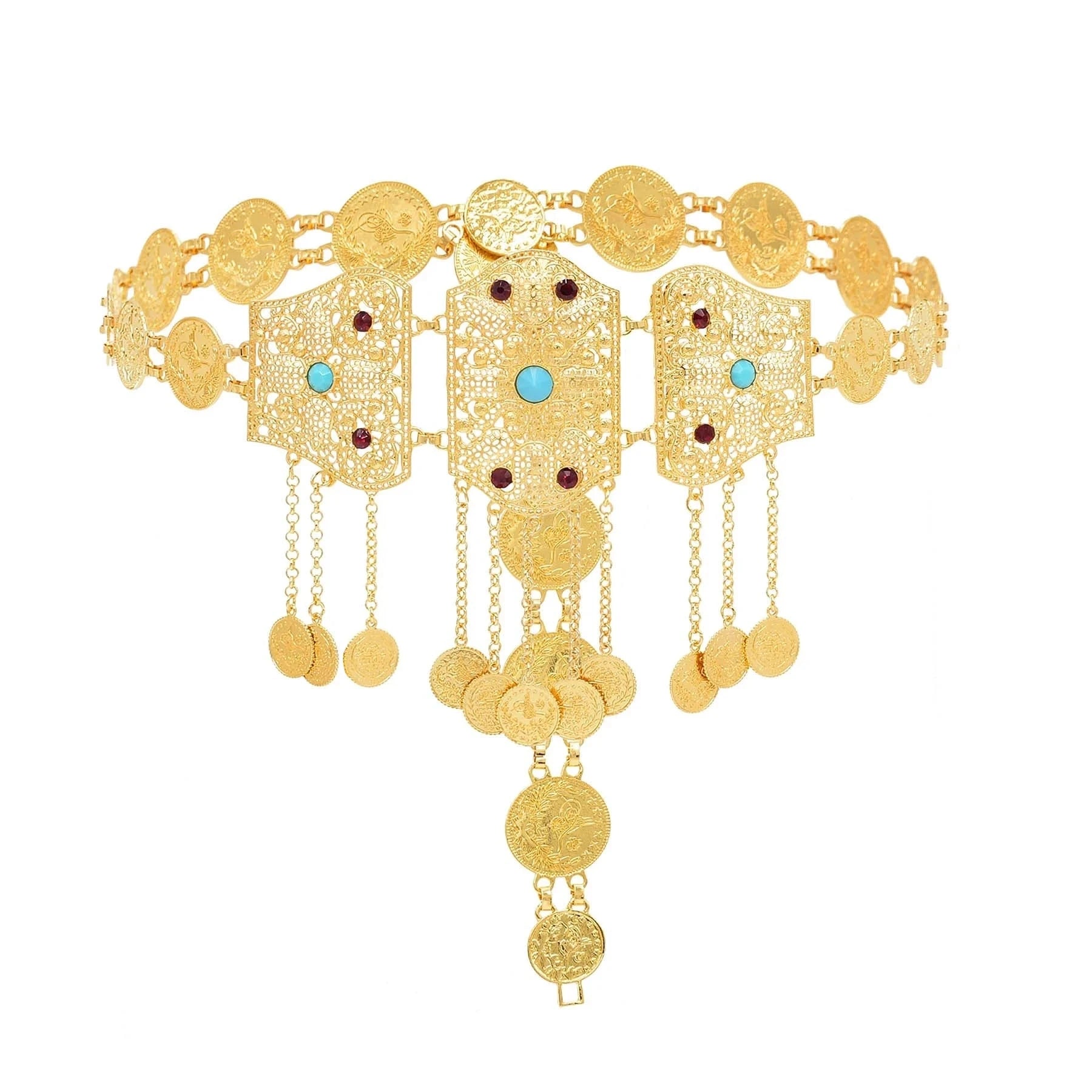 Golden Metal Coin Long Chain Belts for Women India Belly Dance Morocan Afghan Turkish Kurdistan National Dress Waistband Jewelry