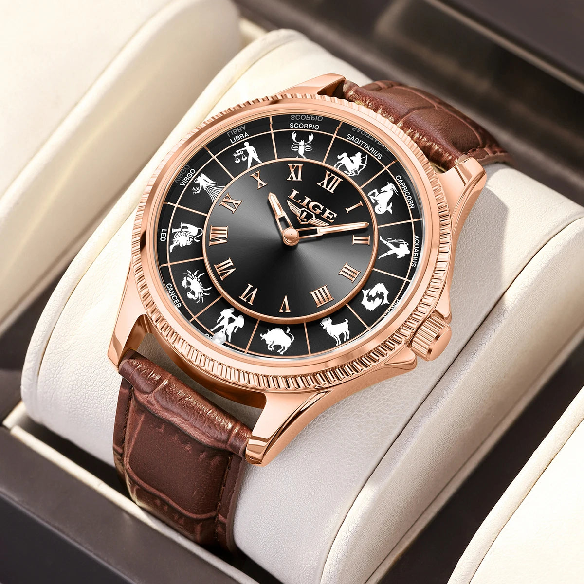 LIGE Creative Constellation Mens Watches Business Belt Man Wristwatches Luminous Waterproof Watch for Men 12 Constellations