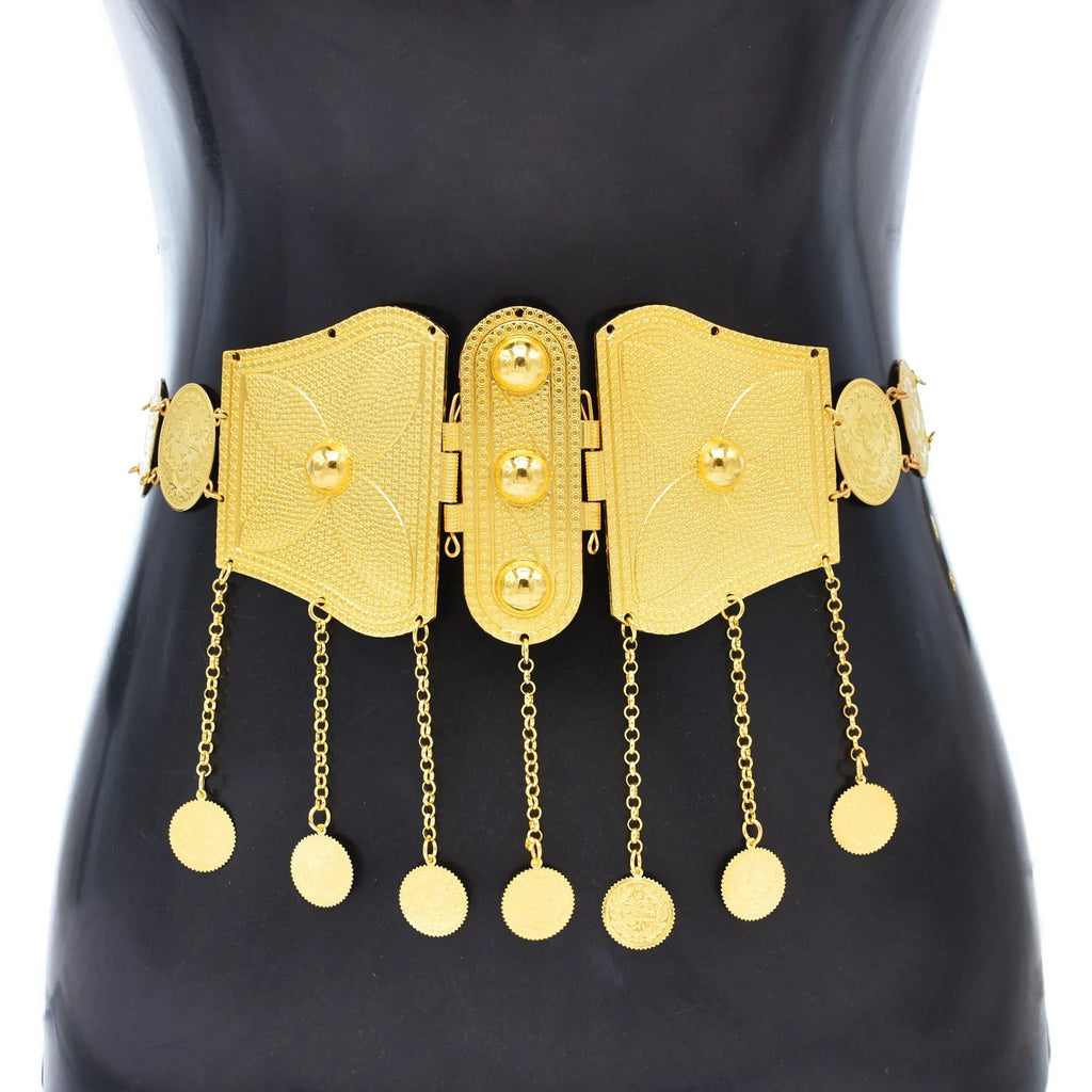 Golden Metal Coin Long Chain Belts for Women India Belly Dance Morocan Afghan Turkish Kurdistan National Dress Waistband Jewelry