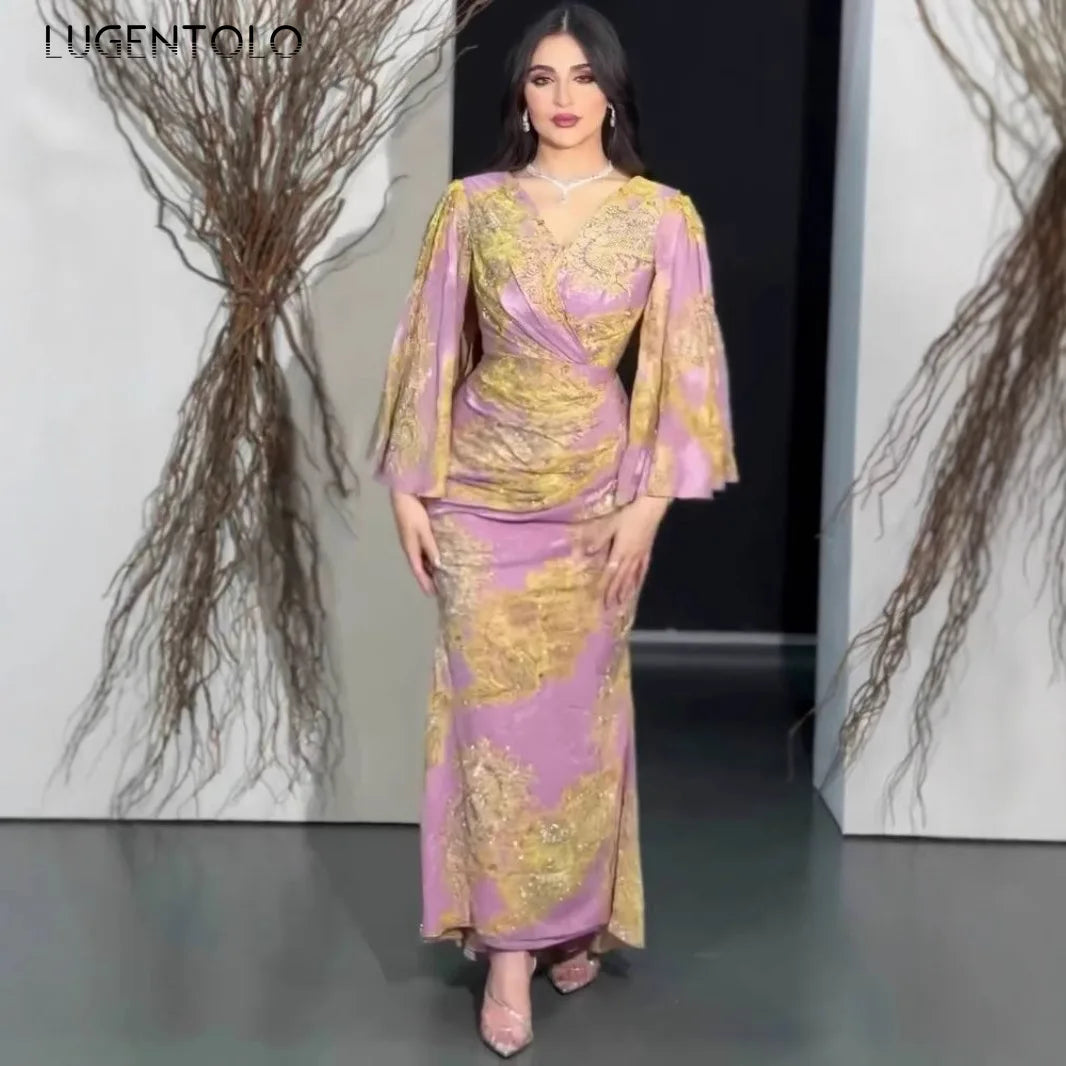 Women Chiffon Sexy Dress Big Swing Print Banquet Long Sleeve V-neck Slim Lady Elegant Cocktail Party Empire New Clothing