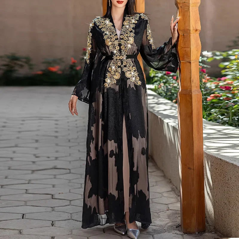 Southeast Asian Retro Style Gold Embellished Waist Cinching Long Sleeve Maxi Dress And Shawl Inner Wear Polyester Set