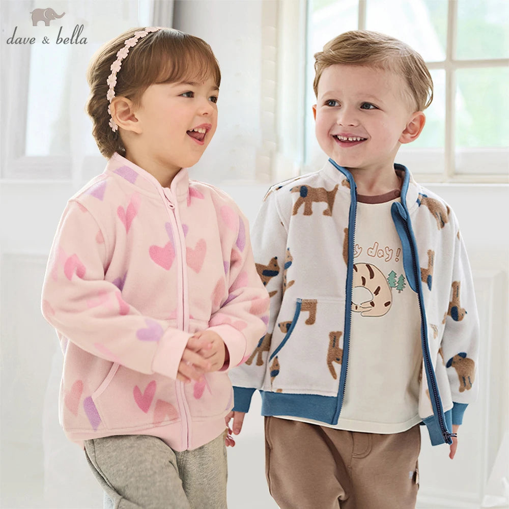 Dave Bella Children's Coat Boys Girls Baby Fleece Outerwear Autumn Sweet Cute Print Tops Outdoor Soft Comfortable Sport DB396-EE