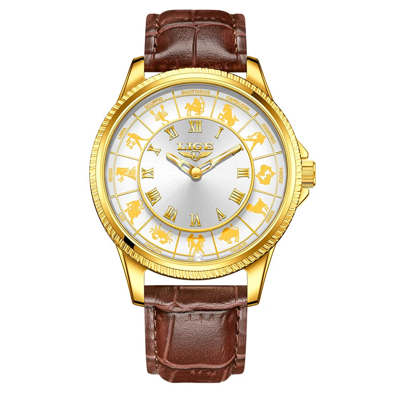 LIGE Creative Constellation Mens Watches Business Belt Man Wristwatches Luminous Waterproof Watch for Men 12 Constellations