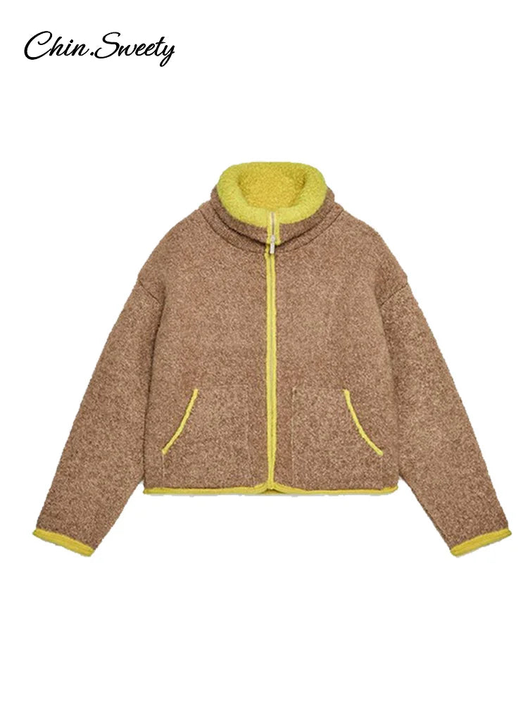 Fashion Contrast Stand Neck Jacket Women Zipper Pocket Full Sleeve Bomber Jackets Lady New Autumn Winter Casual Street Outwear