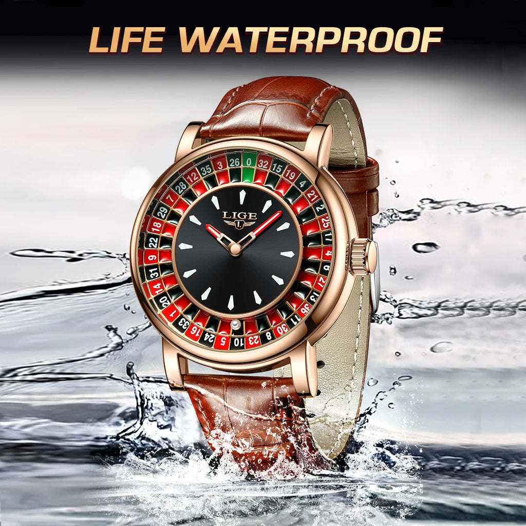 LIGE Fashion Brown Leather Men Watch Rotating Dial Las Vegas Roulette Desktop Theme Watch Men Waterproof Luminous Clock Watches