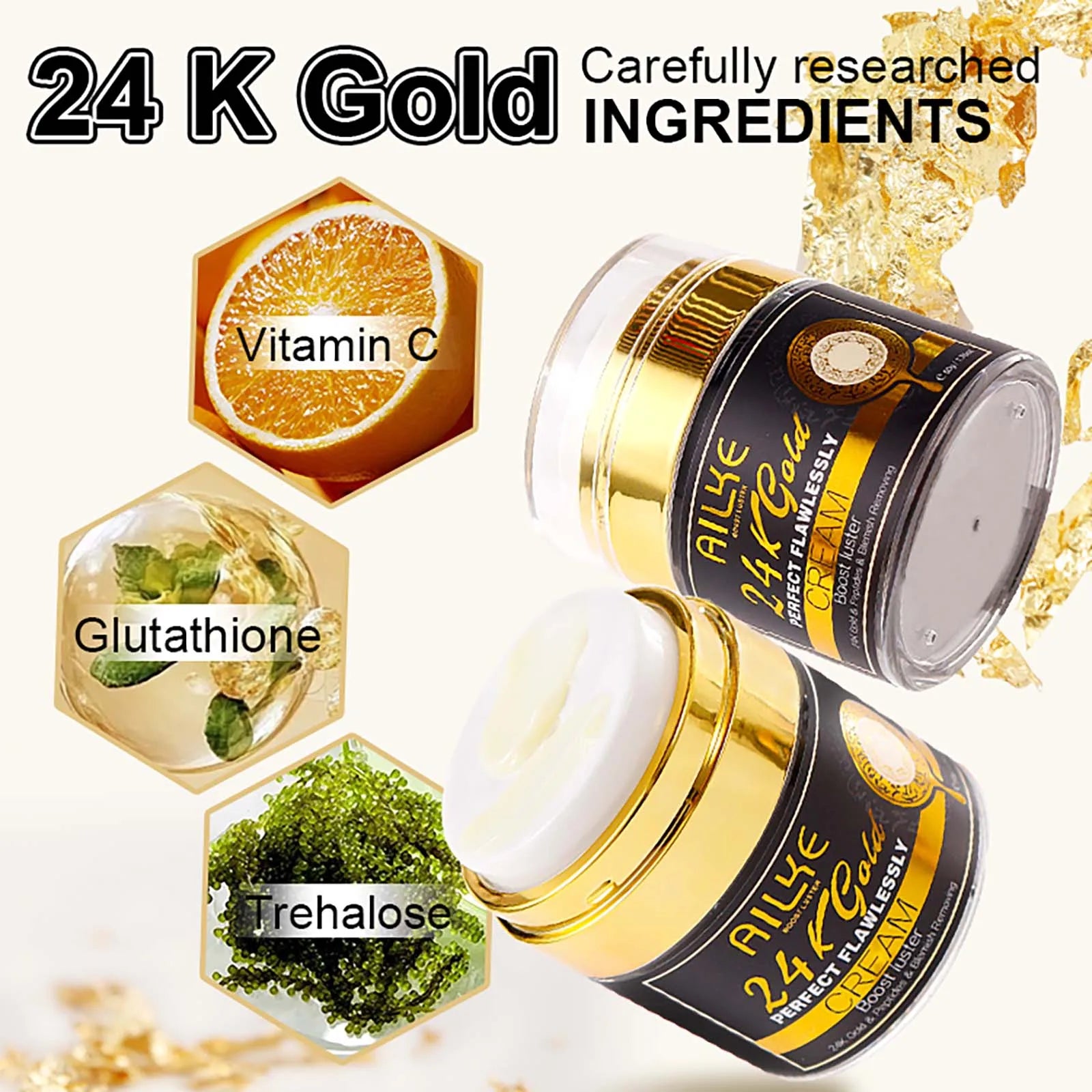 AILKE 24k Gold Perfect Flawlessly Face Cream, Whitening, Reduce Dark Spots, Melanin, Improve Dull Skin, With Glutathione Vitamin