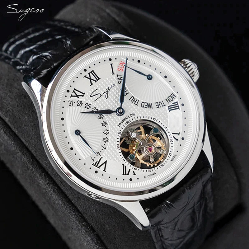 Sugess Tourbillon Mens Wrist Watches Mechanical Hand Wind Watch Original 8004 Movement Date Skeleton Functions Crocodile Leather