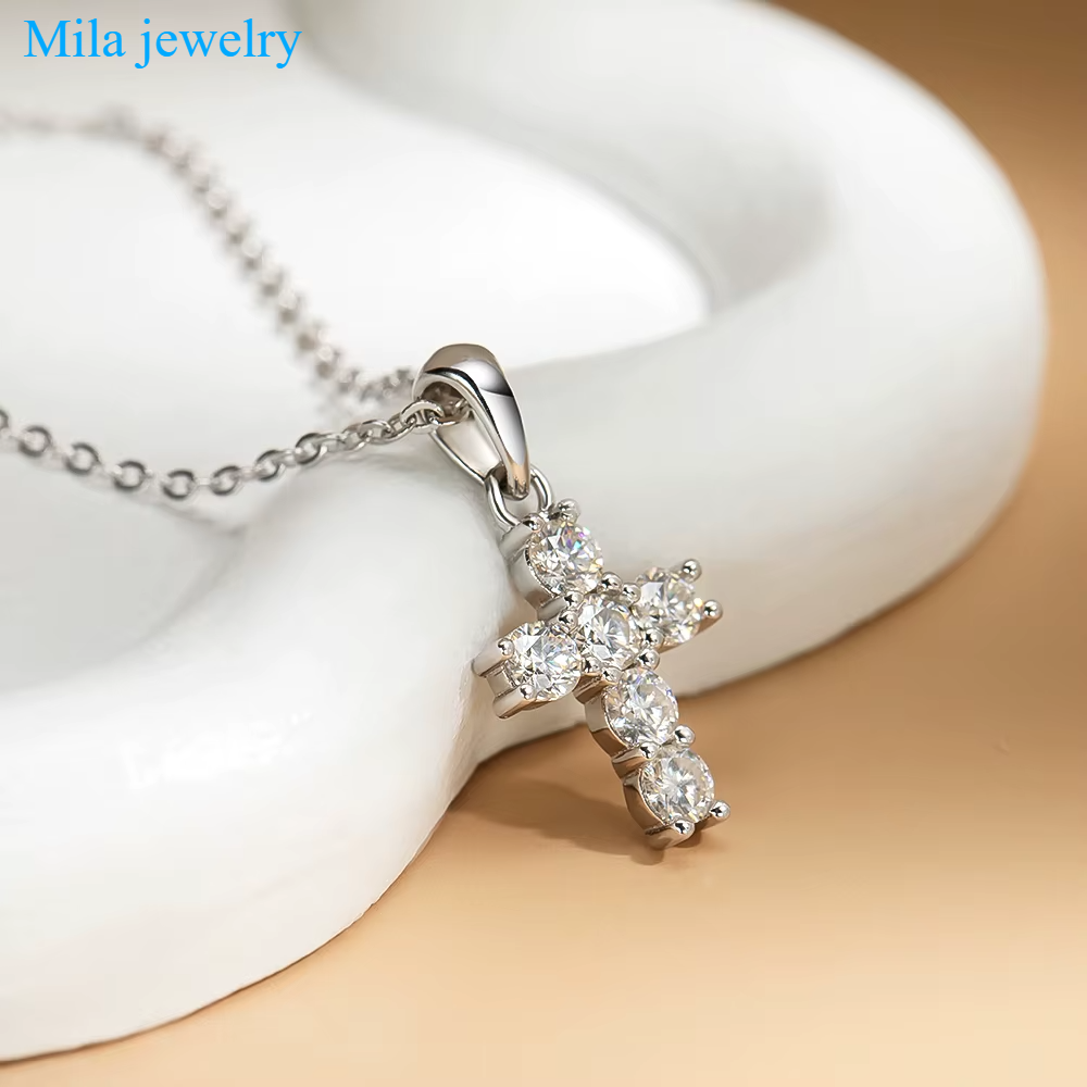Serenity Women's 0.6 Carat D Color Moissanite Cross Pendant, S925 Sterling Silver Cross Necklace, Fine Jewelry
